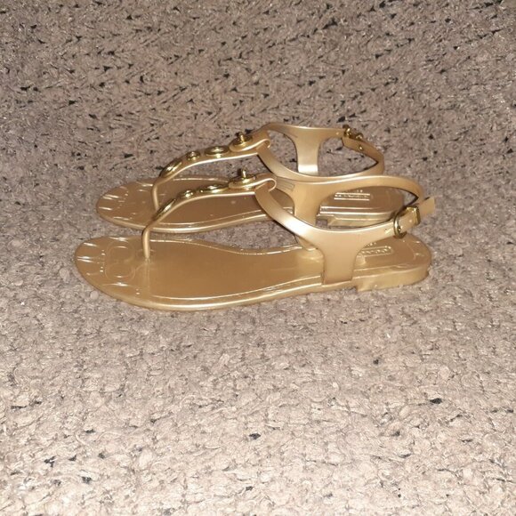COACH-Phila-Gold Jelly Thong Sandals-T-Strap/Ankle Strap Buckle-Sz 8B-Near Mint - Picture 2 of 8